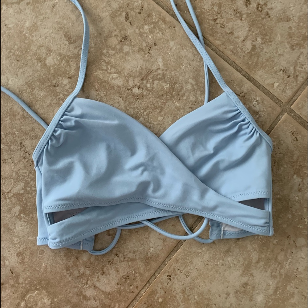light blue pink crossed bikini top